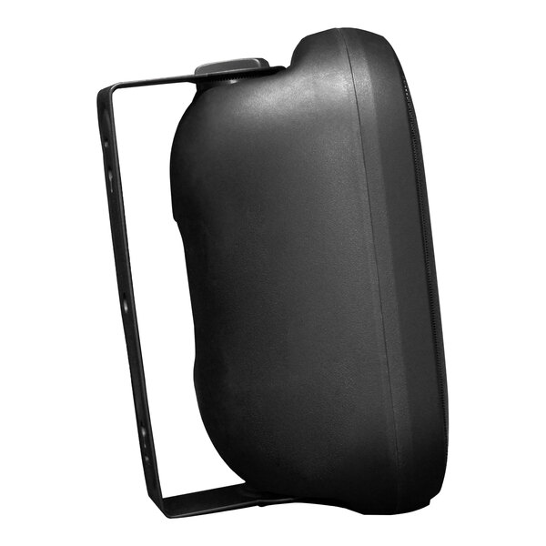 A black outdoor wall-mount speaker with a metal holder.
