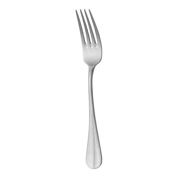 A close-up of a Sola stainless steel dinner fork with a silver handle.