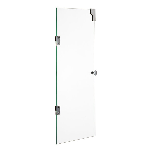 A glass door with a silver handle on a white background.