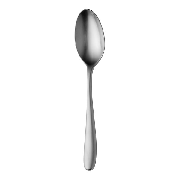 A Sola stainless steel dessert spoon with a curved silver handle.