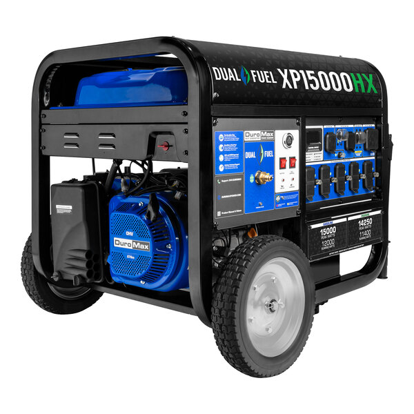 A close up of a black and blue DuroMax portable generator with a CO Alert label.