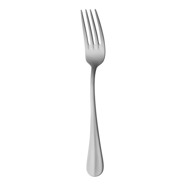 A close-up of a Sola stainless steel salad/dessert fork with a white handle.