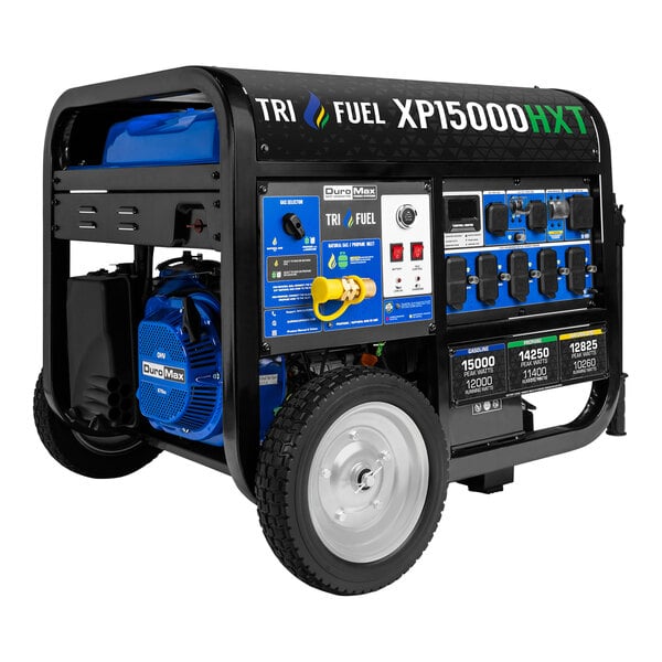 A close-up of a DuroMax portable generator with a blue and white cover.