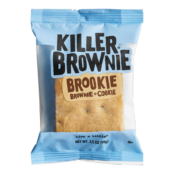 A packaged Killer Brownie Brookie, combining brownie and cookie, in a 3.5 oz. individually wrapped serving.