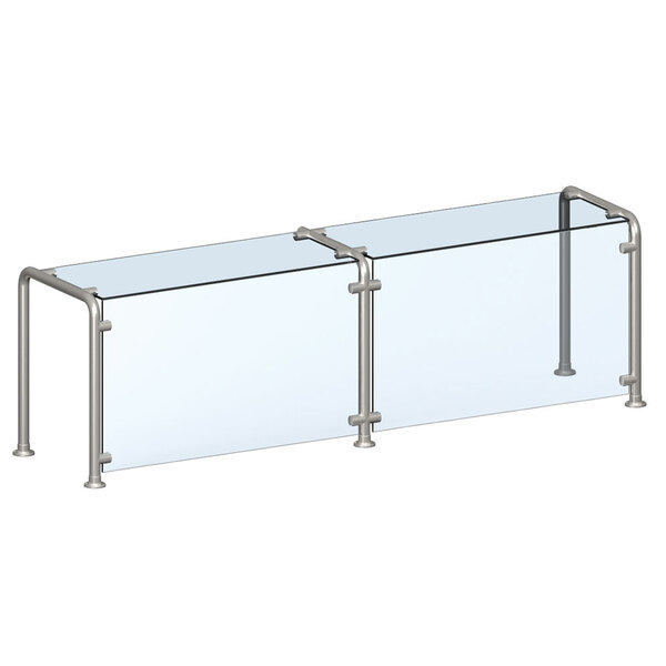 A glass shelf with metal poles used as a sneeze guard.