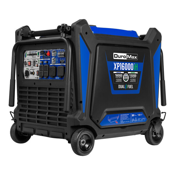 A black and blue DuroMax iH Series portable generator with CO alert.