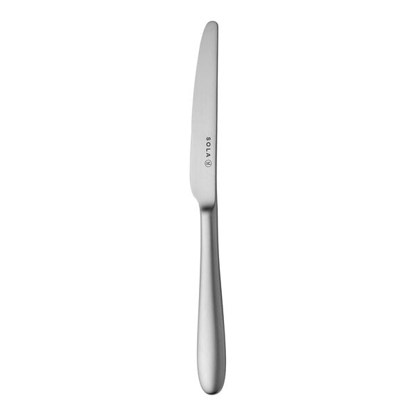 A Sola the Netherlands stainless steel dessert knife with a silver handle.