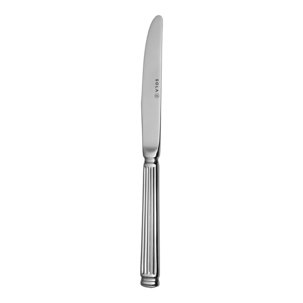 A case of 12 Sola stainless steel butter knives with a facette handle.