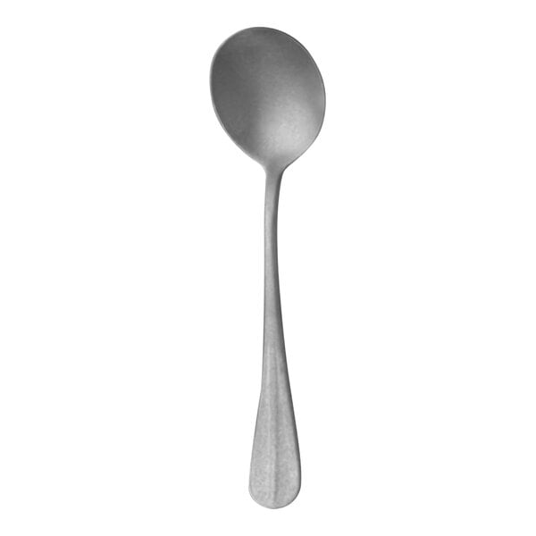 A Sola stainless steel bouillon spoon with a silver handle.