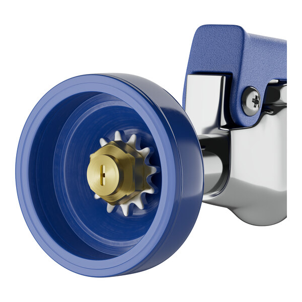 A blue and silver Waterloo pre-rinse spray valve with a gold spout and blue and silver hoses.