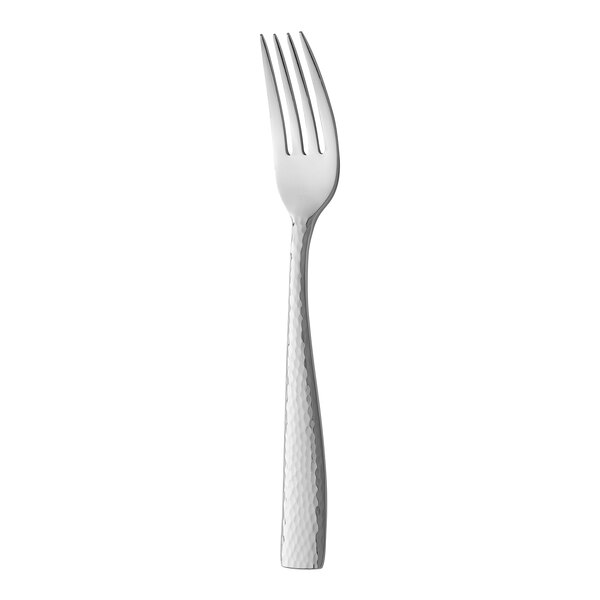 A Sola stainless steel salad/dessert fork with a white handle on a white background.