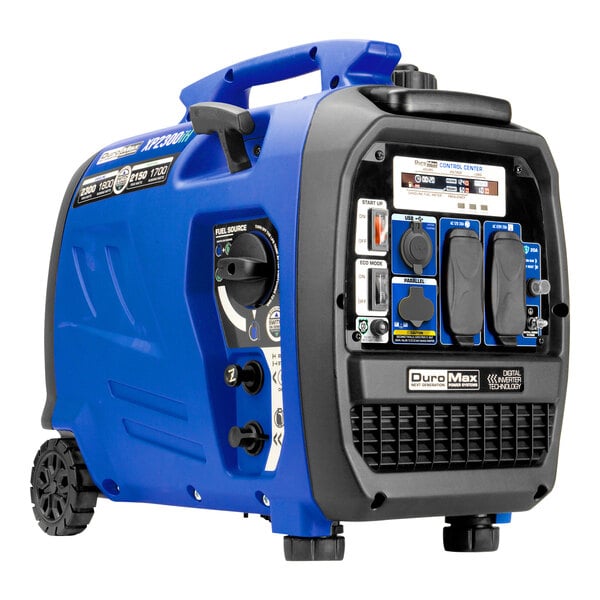 A blue and black DuroMax iH Series portable generator in a room in an outdoor catering setup.