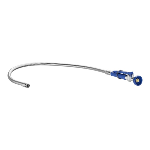 A blue hose with a silver connector and a blue handle.