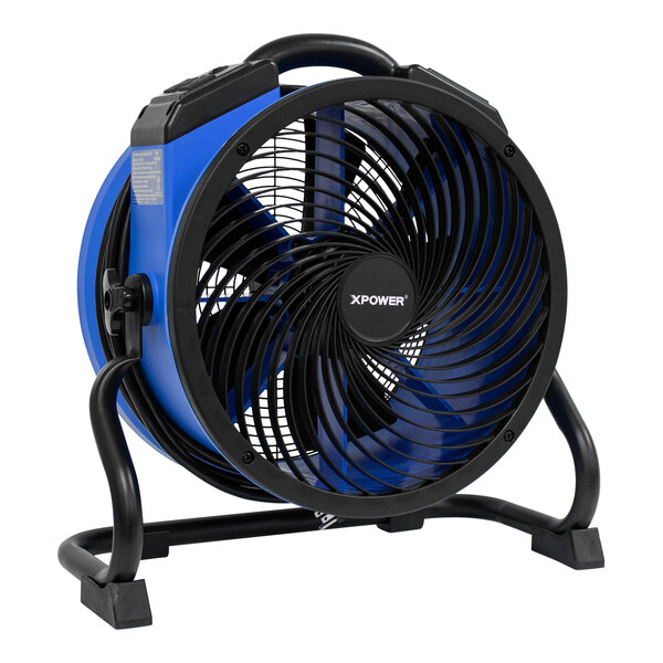 A blue and black XPOWER professional axial fan on a stand.