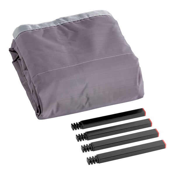 A folded grey blanket with black rods.