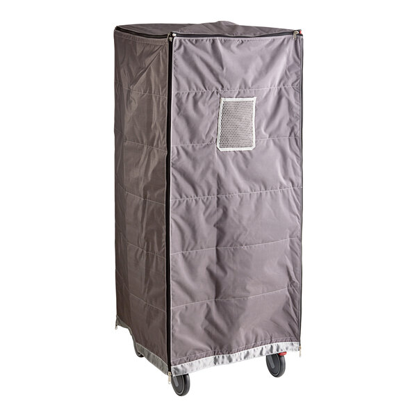 A grey rectangular cover with wheels for a JackStack cart.