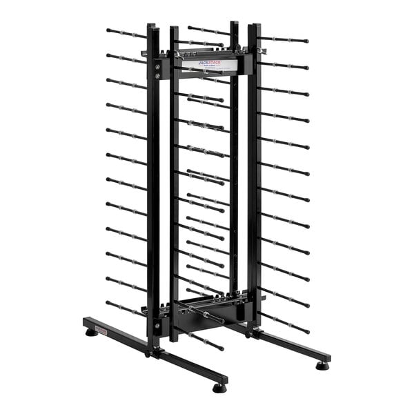 A black metal JackStack countertop plate rack with many rods for holding plates.
