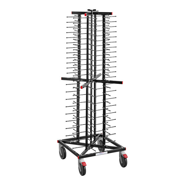 A black metal JackStack plate rack with many shelves.