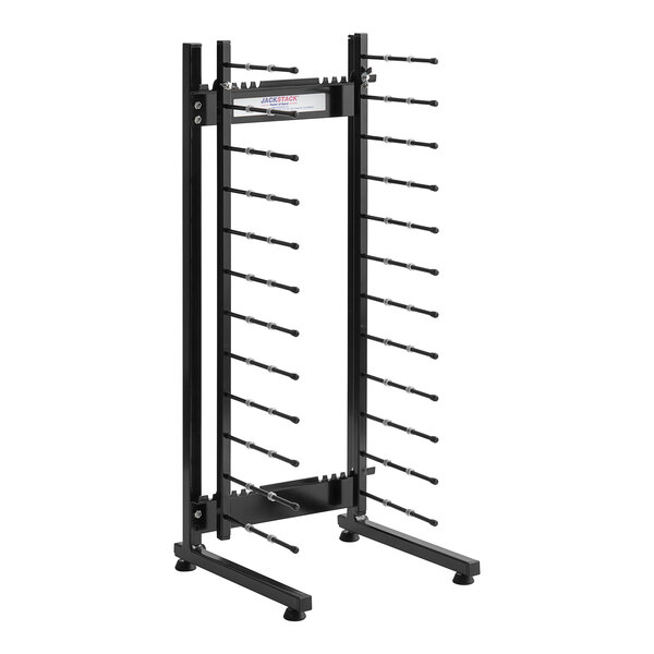 A black metal JackStack countertop plate rack with many metal rods.