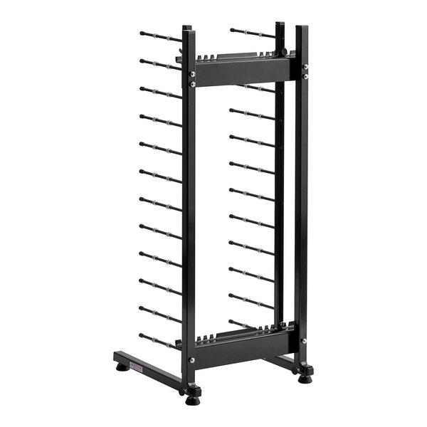 A black metal JackStack countertop plate rack with many shelves for plates.
