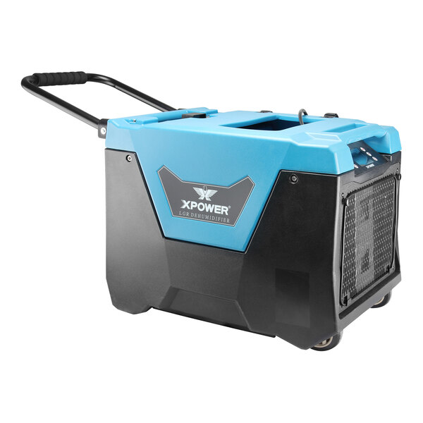An XPOWER commercial dehumidifier with a blue and black machine and a blue handle.