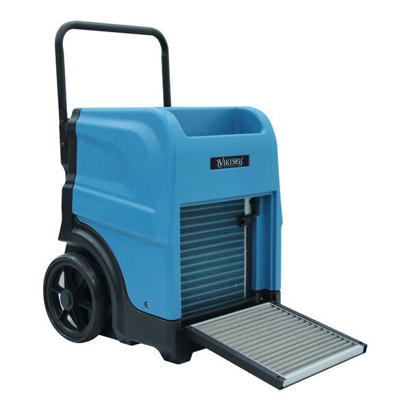 A blue and black XPOWER commercial dehumidifier with wheels.