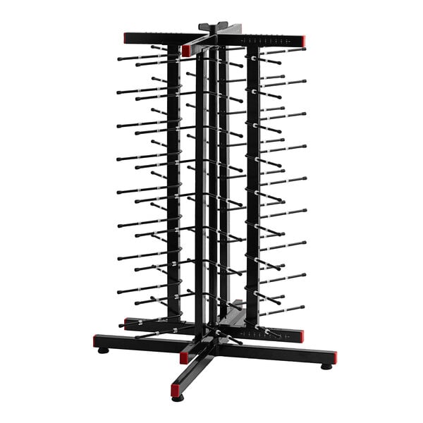 A black and red JackStack countertop plate rack with black rods holding 36 plates.