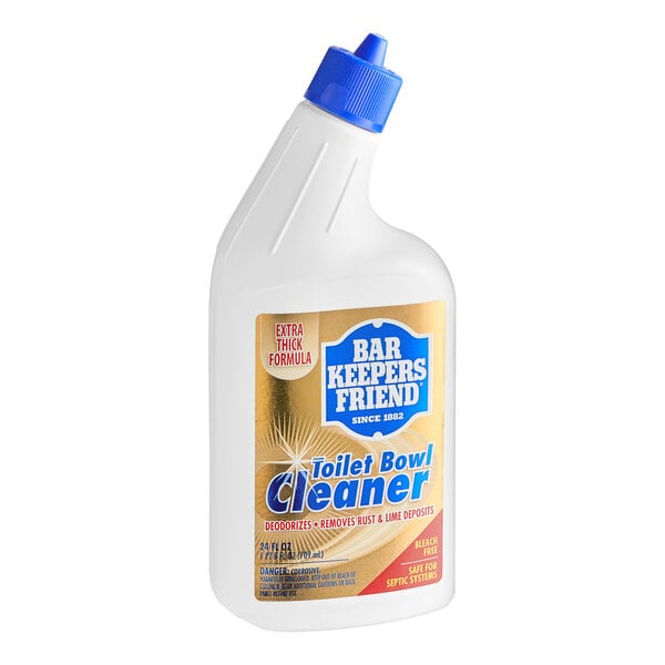 A white bottle of Bar Keepers Friend toilet bowl cleaner with a blue cap and red label.