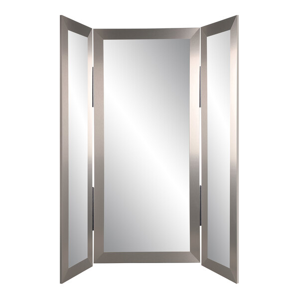 A white rectangular BrandtWorks trifold dressing mirror with a silver frame.