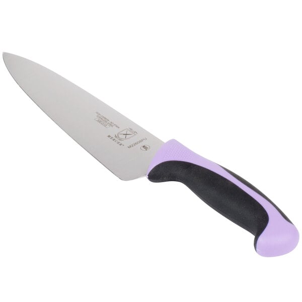 A Mercer Culinary Millennia Colors 8" Chef Knife with a purple handle.