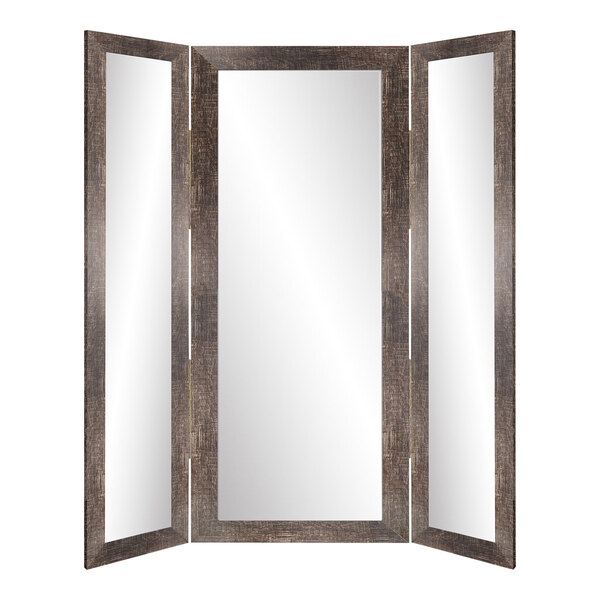 A BrandtWorks trifold dressing mirror with a wooden frame.