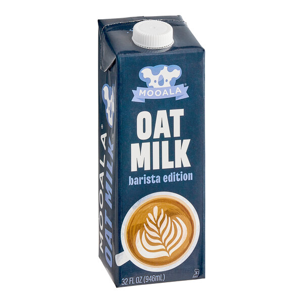 A close-up of a box of Mooala Oat Milk with a picture of latte art on the front.