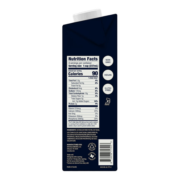 A dark blue rectangular carton with a white cap, displaying nutrition facts, ingredient information, and icons indicating non-GMO, vegan, and gluten-free attributes.