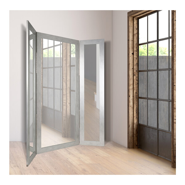 A BrandtWorks trifold dressing mirror with a white frame on a white door with glass panels.