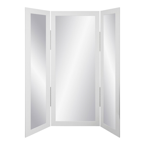 A white folding mirror with a white frame and three doors.