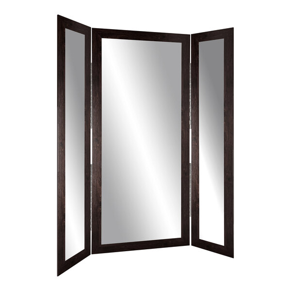 BrandtWorks trifold dressing mirror with an espresso wood frame.