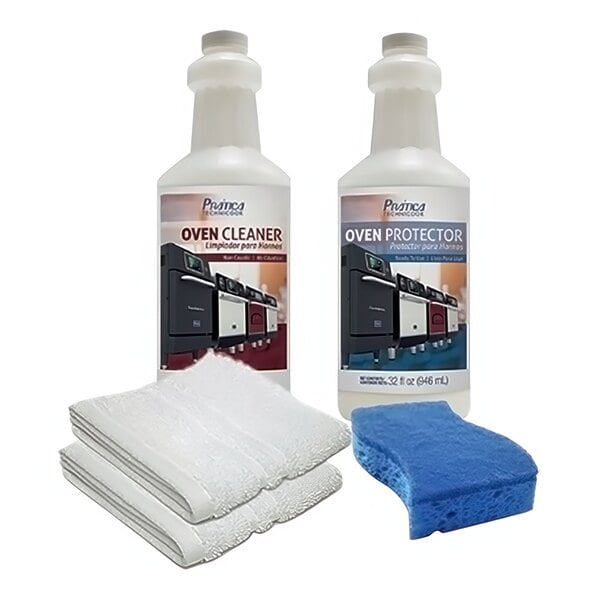 The Pratica oven cleaning kit including a bottle of cleaning product and a blue sponge on a counter.