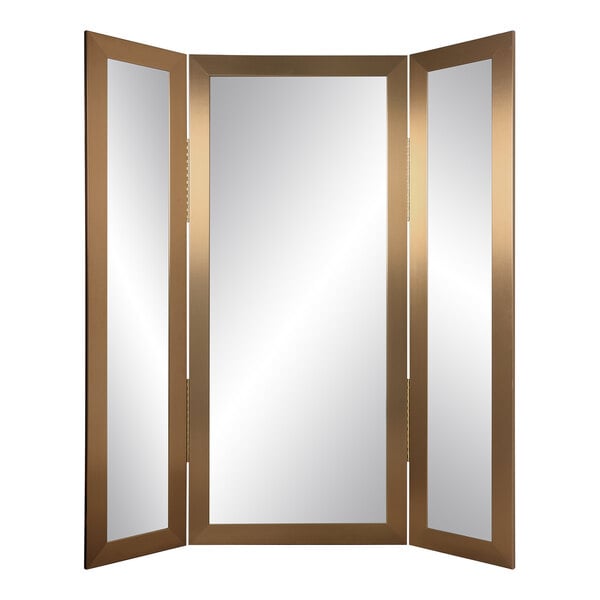 A rectangular white mirror with a gold frame and three doors on it.