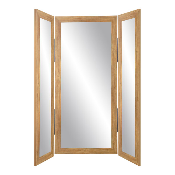 A BrandtWorks wooden trifold dressing mirror with a wood frame.