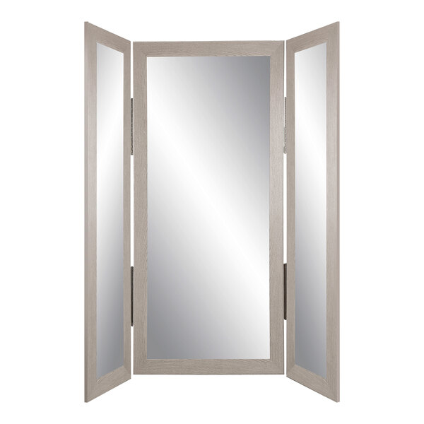 A rectangular gray trifold dressing mirror with a wooden frame.