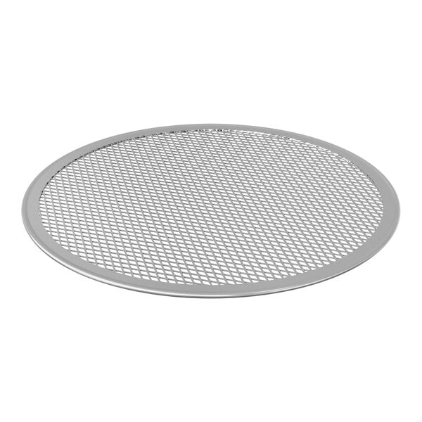 A round metal mesh pizza screen.