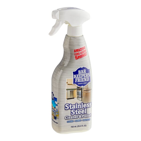 A bottle of Bar Keepers Friend stainless steel cleaner and polish with a label.