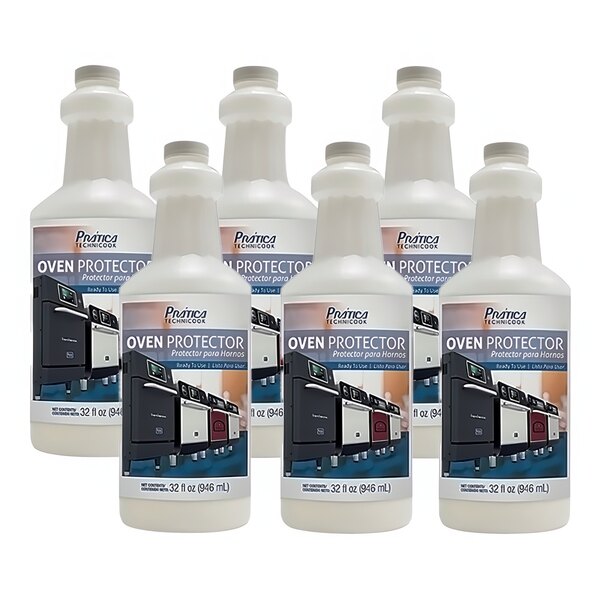 A case of six white Pratica oven protector bottles on a counter.