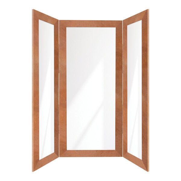 A BrandtWorks brown wooden trifold dressing mirror.