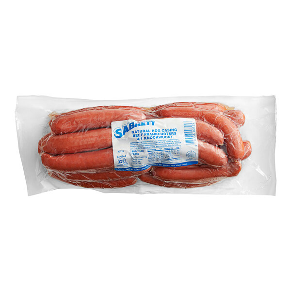 A package of Sabrett Knockwurst sausages in plastic wrap.