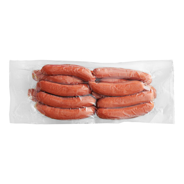 A package of Sabrett Knockwurst sausages in plastic bags.