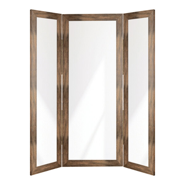 A BrandtWorks wood trifold dressing mirror.