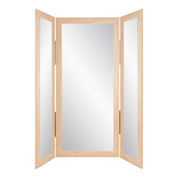 A BrandtWorks trifold dressing mirror with a wood frame.