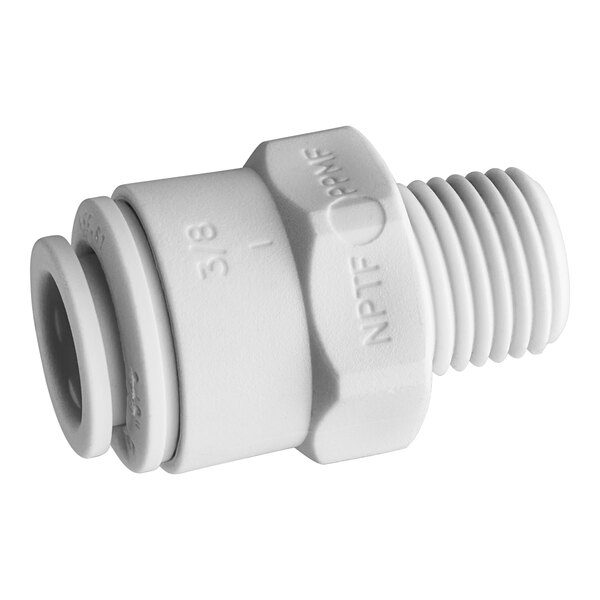 A close-up of a white plastic John Guest polypropylene pipe fitting with threads.