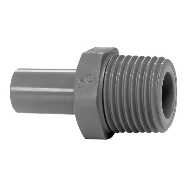 A John Guest gray plastic pipe fitting with threads on one end.